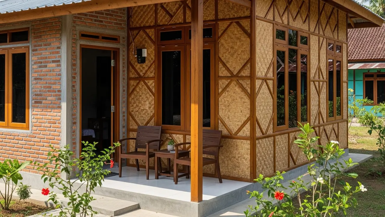 9 Desain Rumah Kampung dengan Kombinasi Tembok dan Anyaman Bambu Modern, Hunian Estetis