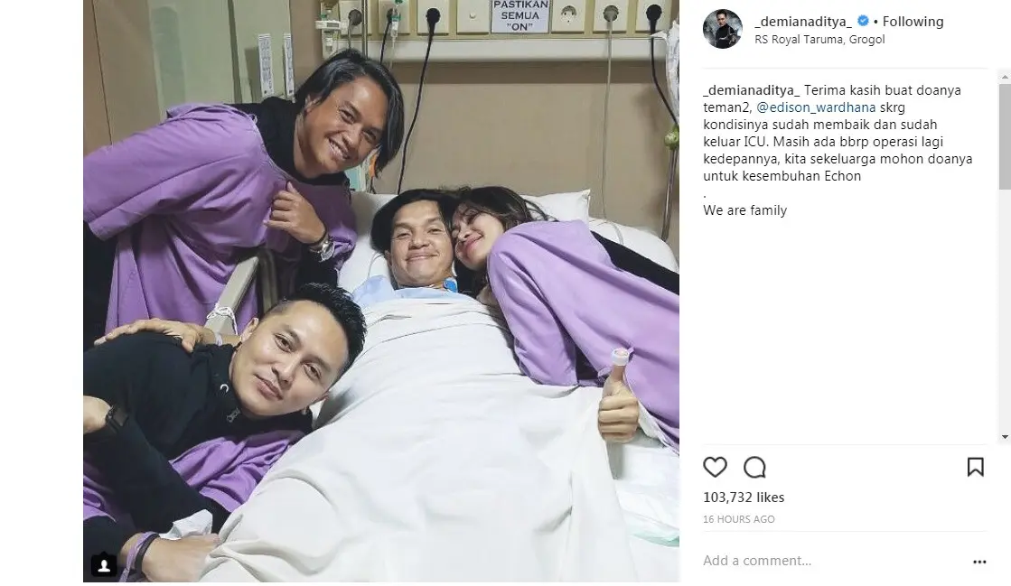 Demian Aditya tunjukkan perkembangan kesehatan Edison Wardhana (Foto: Instagram)