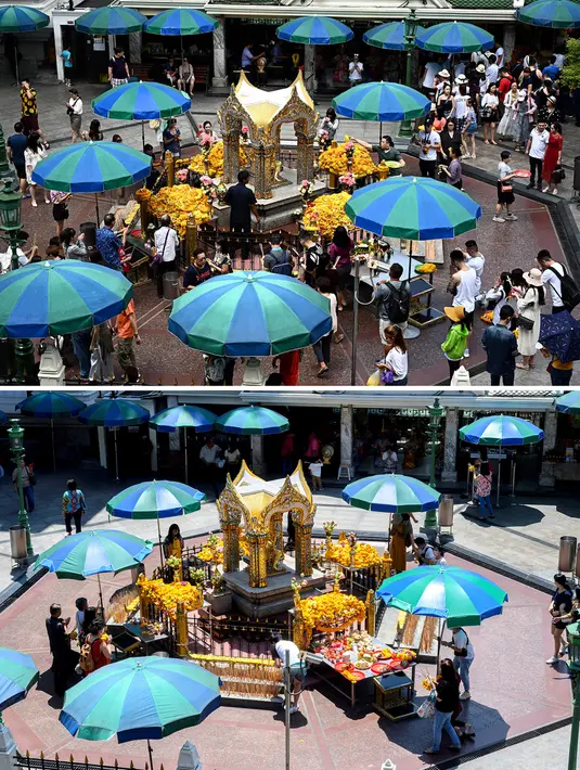 Para jemaat berdoa di Kuil Erawan di Bangkok pada 9 Juli 2019 (atas) dan pada 6 Maret 2020. (Mladen ANTONOV, Permata SAMAD/AFP)
