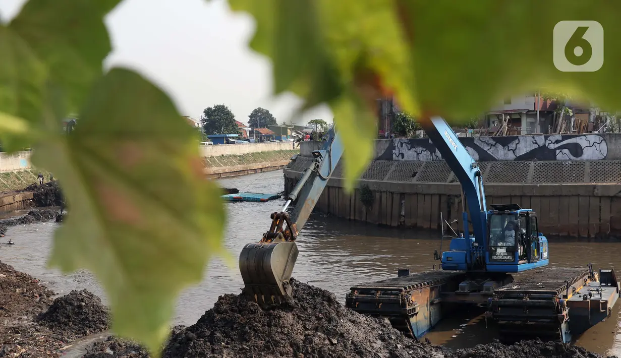 Petugas menggunakan alat berat melakukan proses pengerukan endapan tanah di aliran Sungai Ciliwung, Jakarta, Selasa (28/7/2020). Pengerukan endapan ini untuk memperlancar aliran air Sungai Ciliwung serta upaya pencegahan banjir saat musim hujan. (Liputan6.com/Helmi Fithriansyah)