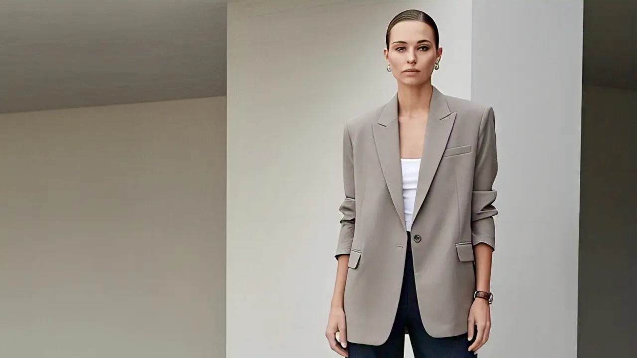 Cutbray Denim Biru Tua dengan Blazer Oversized Netral