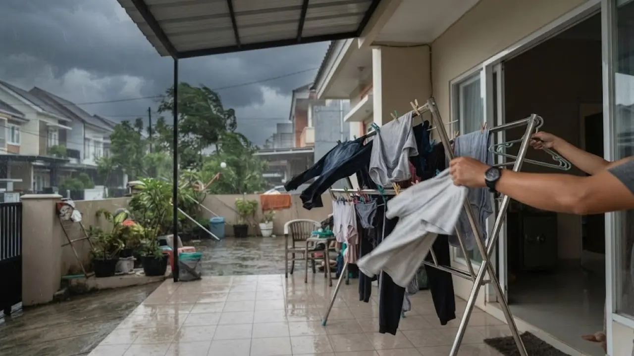 Jemuran di Teras yang Lebih Aman agar Baju Tidak Berjatuhan
