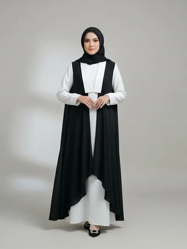 Model Gamis Kombinasi Hitam Putih Model Layering Kontras