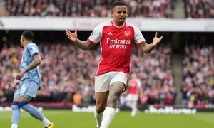 Penyerang Arsenal, Gabriel Jesus saat menghadapi Aston Villa pada pekan ke-32 Liga Inggris 2023/2024 di Emirates Stadium, Minggu (15/4/2024). (AP Photo/Kirsty Wigglesworth)