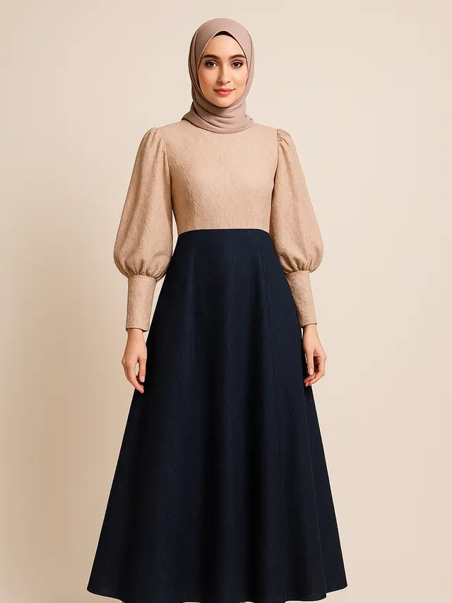 Model Gamis A-Line Brokat dengan Lengan Balon