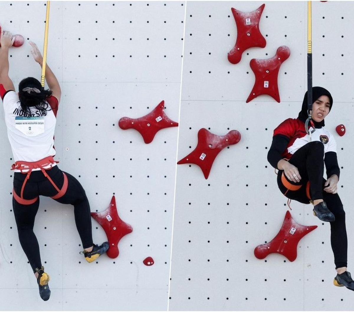 Mereka adalah Desak Made Rita Kusuma Dewi dan Rajiah Sallsabillah yang berhasil mencapai babak perempat final nomor kecepatan Olimpiade Paris 2024 setelah berlaga di babak qualifying seeding di Le Bourget Climbing Venue pada Senin (5/8/2024). Foto: REUTE