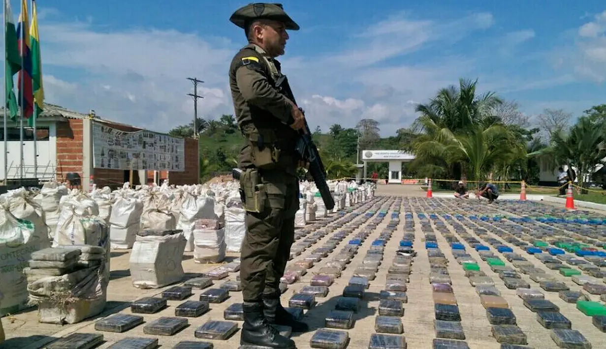 Seorang polisi Kolombia berdiri di antara 8 ton kokain dalam bentuk bungkusan paket yang disita di sepanjang wilayah perbatasan dengan Panama, Minggu (15/5). Menurut pejabat setempat, ini adalah penemuan terbesar di Kolombia. (Colombian Police/AFP)