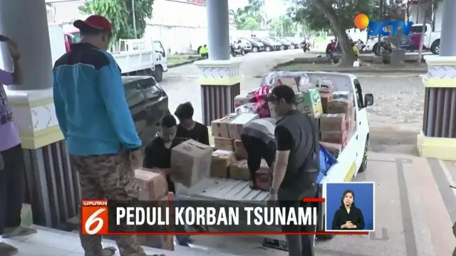 Uluran tangan bagi korban tsunami di Lampung Selatan, Lampung, terus mengalir. Sebagian besar bantuan dari berbagai pihak yang diterima para korban adalah berupa makanan dan kasur.
