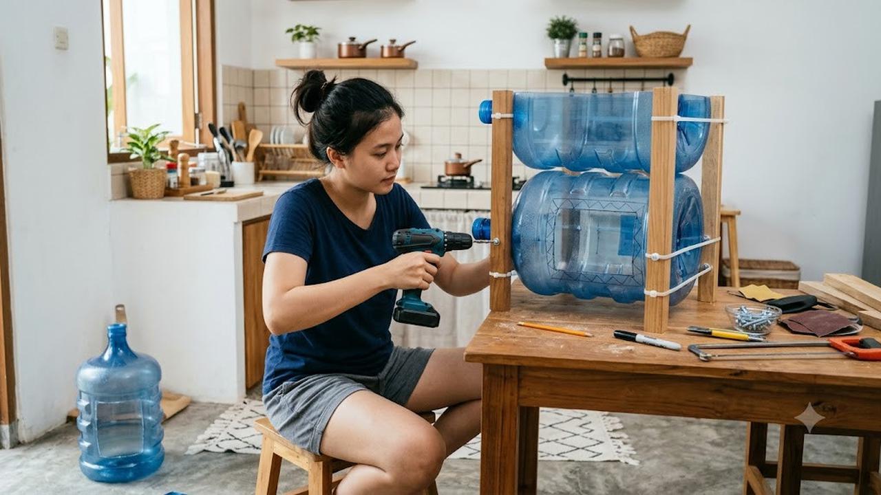 Cara Mengubah Galon Bekas Jadi Rak Penyimpanan Dapur yang Kokoh dan Multifungsi (AI Generated)