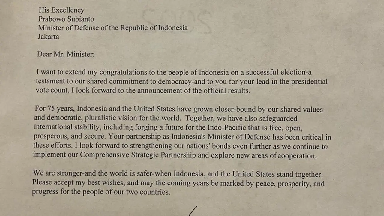 Surat ucapan selamat dari Presiden Amerika Serikat (AS) Joe Biden untuk Prabowo Subianto. (Foto: Tim Media Prabowo)