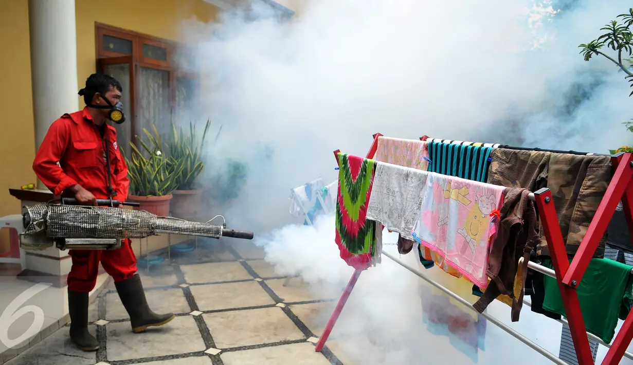 Petugas melakukan pengasapan (fogging) di kecamatan Kebayoran Baru, Jakarta, Sabtu (13/2). Fogging dilakukan guna mencegah wabah penyakit demam berdarah yang sering muncul pada musim hujan. (Liputan6.com/Gempur M Surya)