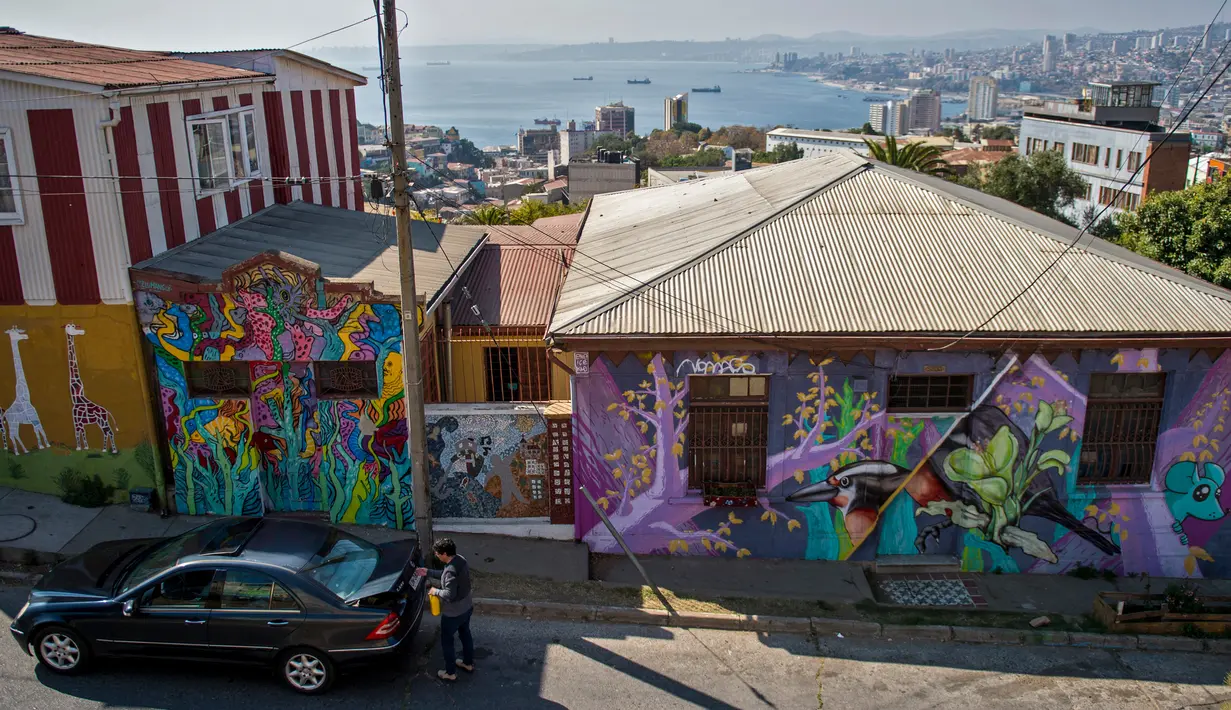 Pemandangan mural jalanan di Valparaiso, Chile, pada tanggal 9 April 2019. Kota pelabuhan tersebut telah diubah menjadi galeri seni terbuka raksasa oleh ratusan seniman grafiti. (Martin BERNETTI/AFP)