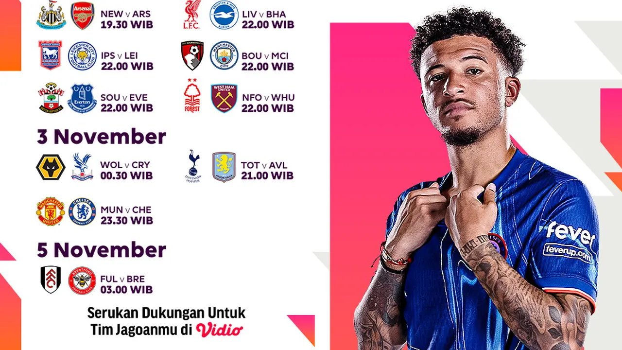 Jadwal Liga Inggris 2024/25 Matchweek 10 di Vidio
