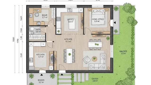 Rumah dengan Ruang Kerja Menghadap Taman