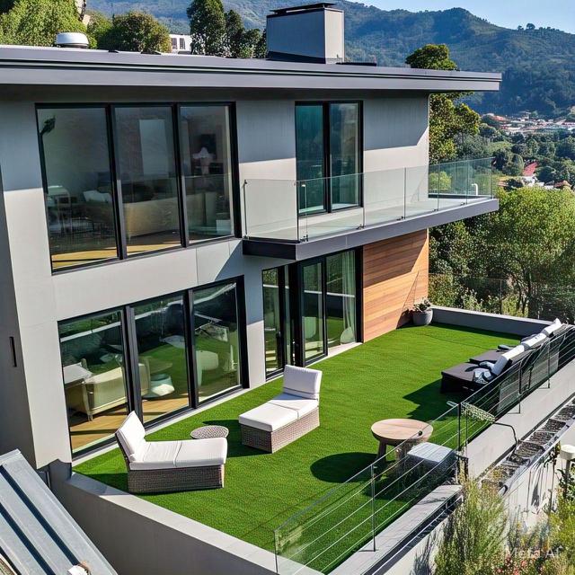 Desain Rumah Lantai 2 dengan Rooftop Rumput Sintetis