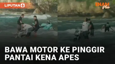 Nasib apes dialami oleh sekelompok pria ini ketika foto di pantai bersama motornya