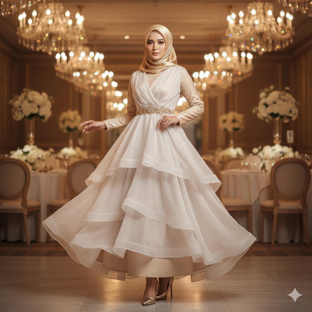 7 Model Gamis Cloud Dancer Kombinasi Gold untuk Kondangan Glamor, Tampil Mewah Tanpa Berlebihan