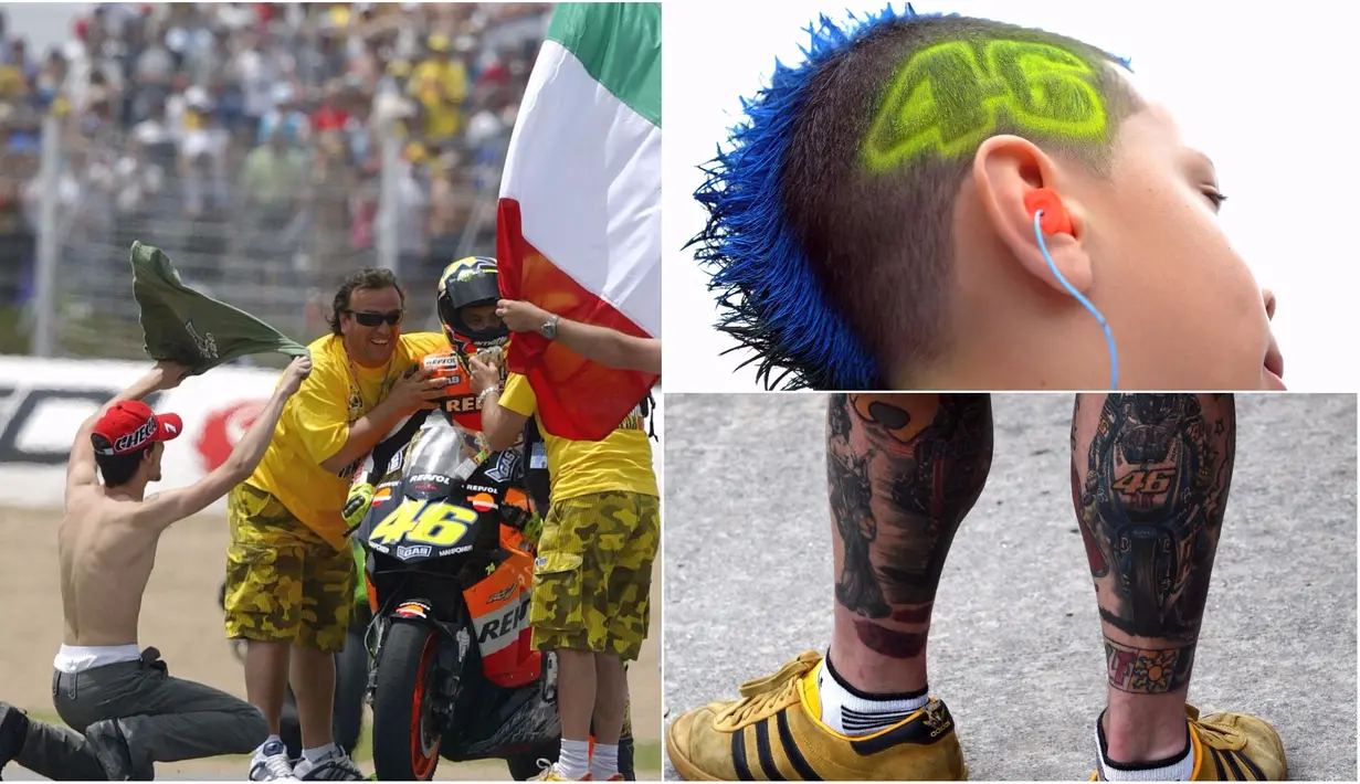 Berikut ini foto-foto yang menunjukan beragam aksi fanatisme dari penggemar pebalap MotoGP, Valentino Rossi. (Kolase foto-foto dari AFP)