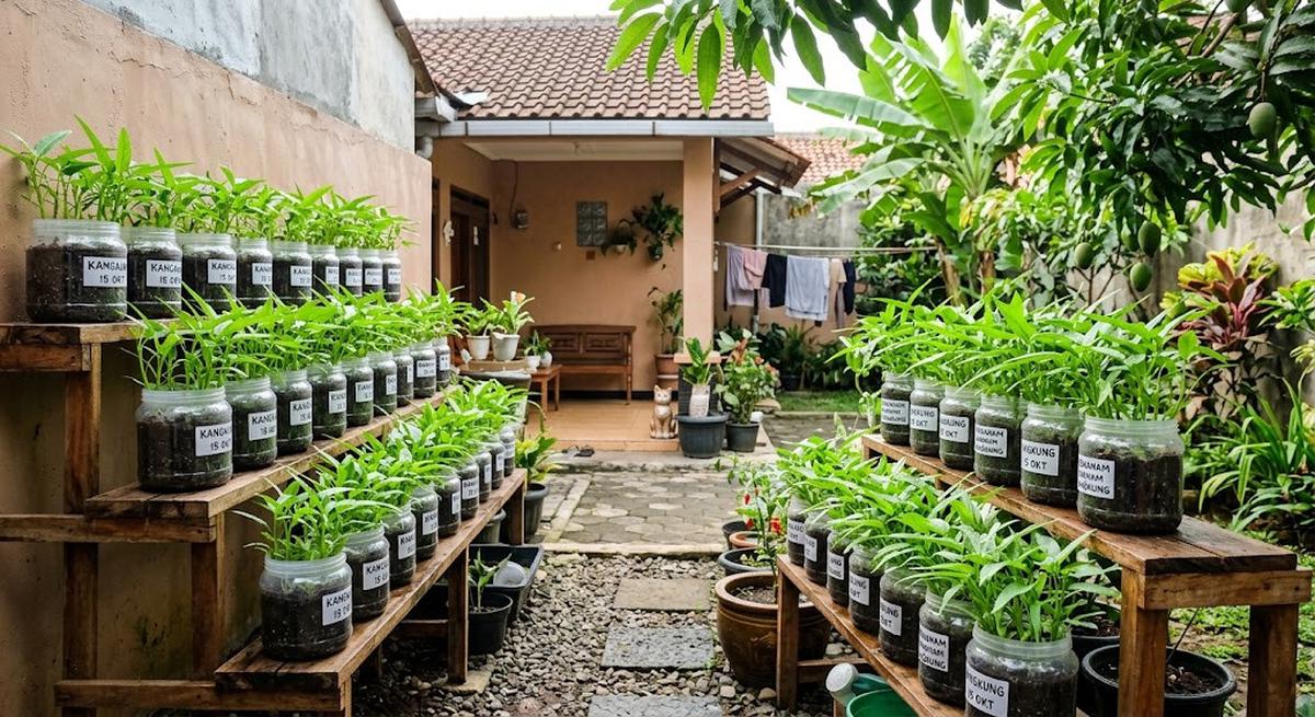 Cara membuat kebun sayur vertikal dari toples bekas, deretan kebun sayur di rumah