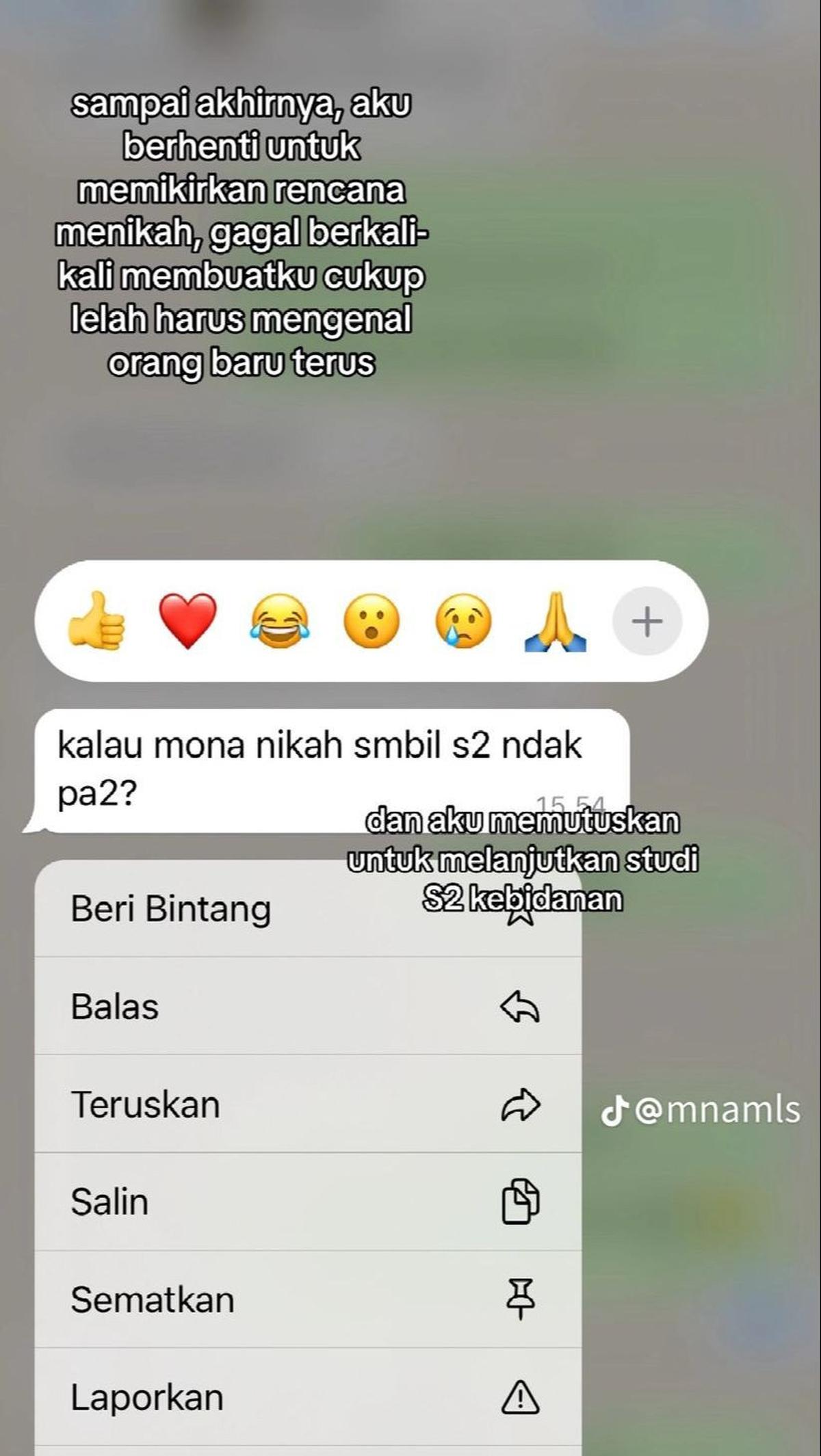Karena terus gagal saat akan menikah dan lelah mengenal orang baru, wanita ini pun memutuskan untuk melanjutkan S2. Namun tiba-tiba teman SDnya mengajaknya menikah sembari ia melanjutkan pendidikan.