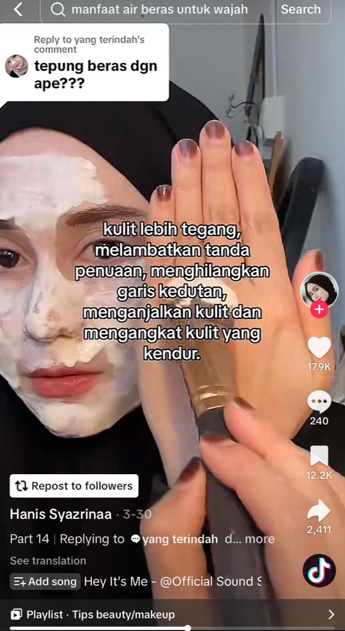 Manfaat Masker Tepung Beras. (foto: TikTok/hanisyaazrinaa).
