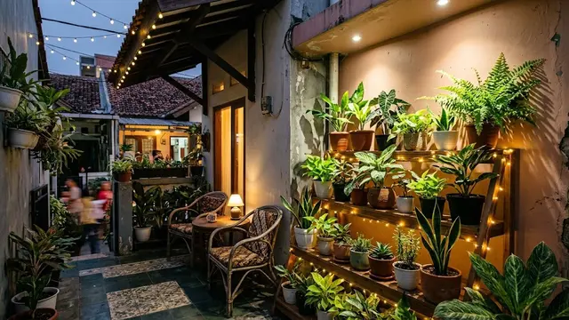 Desain Teras dengan Tanaman Rak dan Pencahayaan Warm White