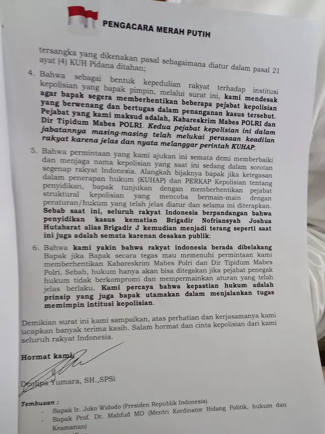 Mantan Kuasa Hukum Bharada E alias Richard Eliezer, Deolipa Yumara menyurati Kapolri Jenderal Listyo Sigit Prabowo.