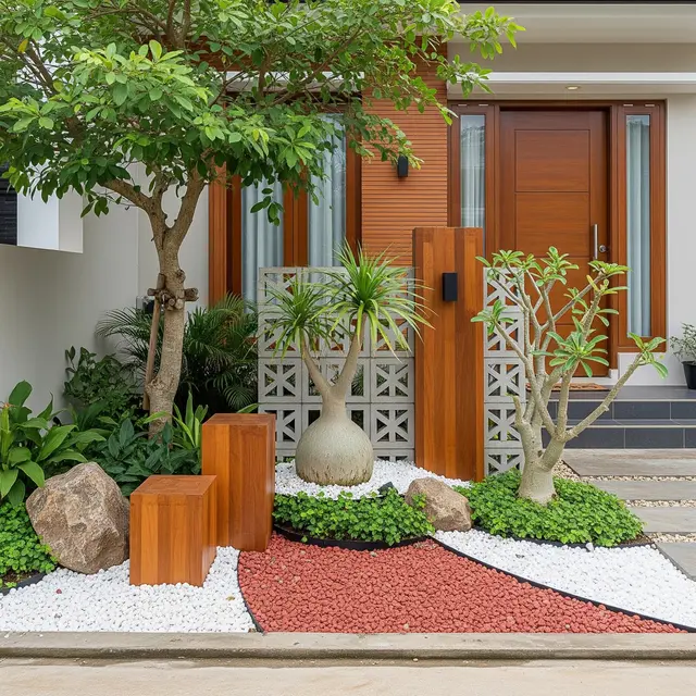 Inspirasi Taman Kering Depan Rumah dengan Kombinasi Roster dan Tanaman Tropis (Image by Gemini AI)