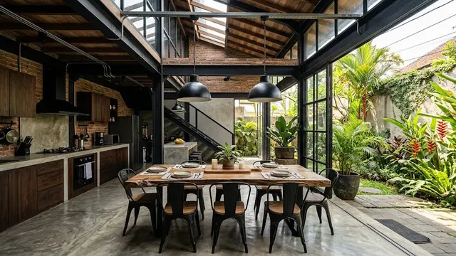 Desain Ruang Makan Semi Outdoor di Antara Dapur dan Taman/AI Generated