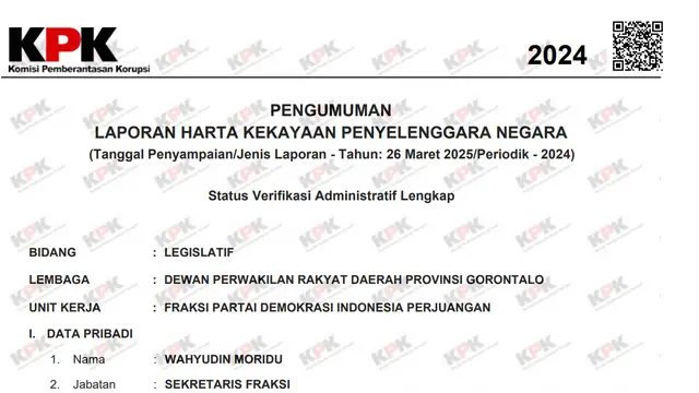 LHKPN Wahyudin Moridu. Foto LHKPN KPK