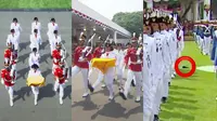 Sepatu pembawa baki Lilly Indiani copot di lapangan usai mengantar Bendera Merah Putih saat Upacara Peringatan HUT RI ke-78 di Istana Merdeka, Jakarta. (Sumber: Tangkapan Layar YouTube Sekretariat Presiden)