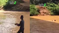 Viral aksi nyeleneh orang mancing di sungai (sumber: Twitter/KucengTerbanggg)
