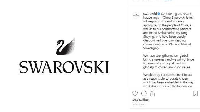 Selain Versace, Swarovski Juga Minta Maaf Pada Cina Soal Penggambaran Wilayah