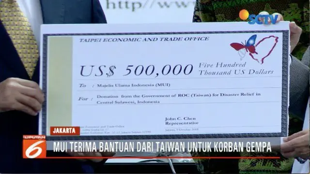 Taipei Economic and Trade Office berikan bantuan US$ 500 ribu (Rp 7,4 miliar) untuk korban bencana Palu dan Donggala.