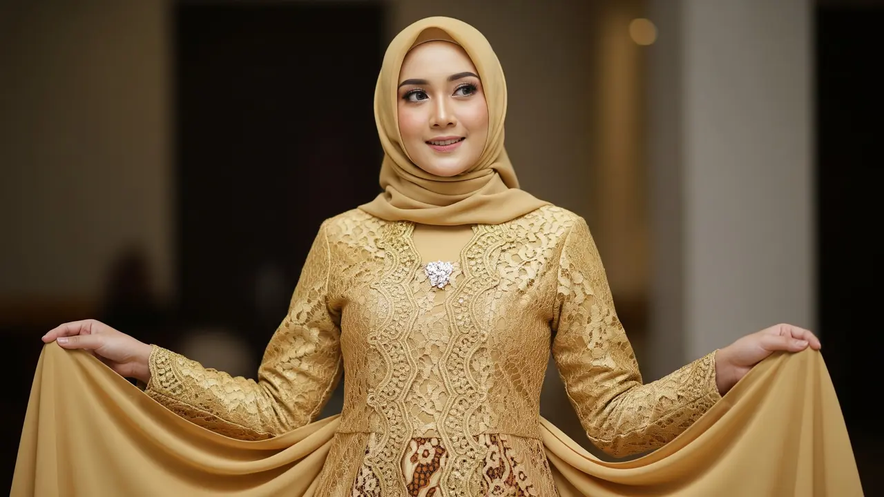Model Gamis Batik Brokat Warna Gold
