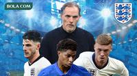 Ilustrasi - Thomas Tuchel dikelilingi pemain Timnas Inggris Rashford, Cole Palmer, Declan Race, ada logo Timnas Inggris (Bola.com/Adreanus Titus/Geaby Fadhilatu Sholikha)