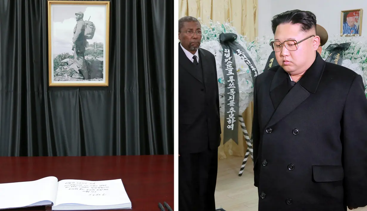  Foto yang dirilis kantor berita KCNA di Pyongyang pada 29 November 2016. Pemimpin Korea Utara Kim Jong Un mengunjungi kedutaan Kuba untuk mengungkapkan belasungkawa atas mendiang pemimpin Kuba Fidel Castro. (Reuters/KCNA)