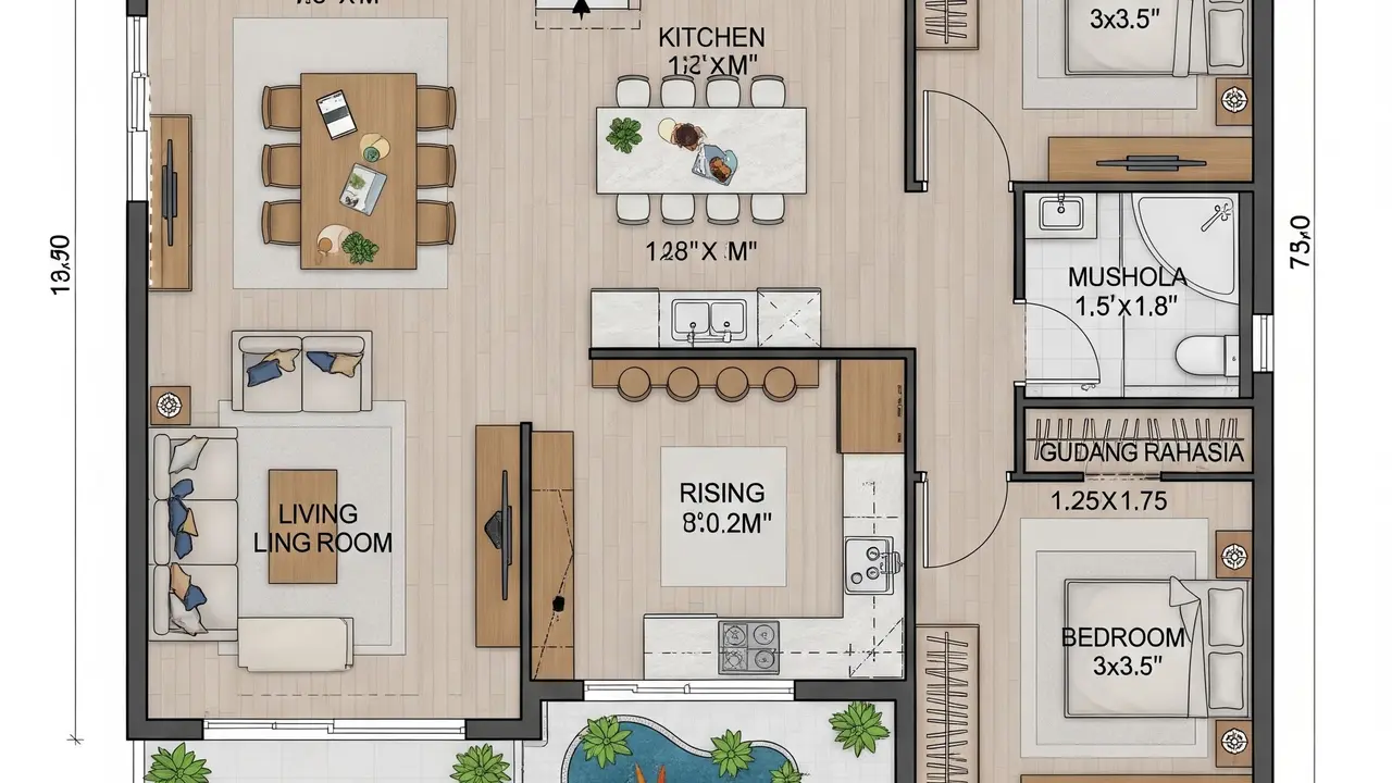 Denah Rumah 7x10 dengan Mezzanine dan Gudang Rahasia (Image by Gemini AI)
