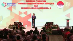 Presiden Joko Widodo (Jokowi) memberikan sambutan saat meluncurkan peta jalan dan strategi Indonesia untuk menerapkan revolusi industri jilid 4 di Jakarta Convention Center, Rabu (5/4). Peta itu diberi nama Making Indonesia 4.0 (Liputan6.com/Angga Yuniar)