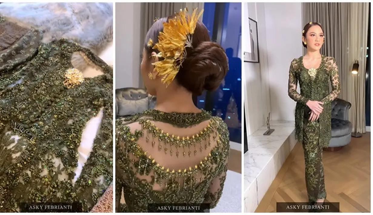 Kebaya pelantun tembang Sisa Rasa ini dirancang oleh desainer ternama Asky Febrianti. Lewat laman Instagramnya, Asky Febrianti perlihatkan penampakan kebaya Mahalini yang klasik. Detailnya sangat cantik, kebaya Mahalini banyak manik-manik unik apalagi di bagian punggungnya. Sementara bagian bawah kebaya Mahalini terdapat renda dan bagian depan terdapat bros besar warna emas yang membuat kebayanya makin elegan. (Liputan6.com/IG/@askyfebrianti)