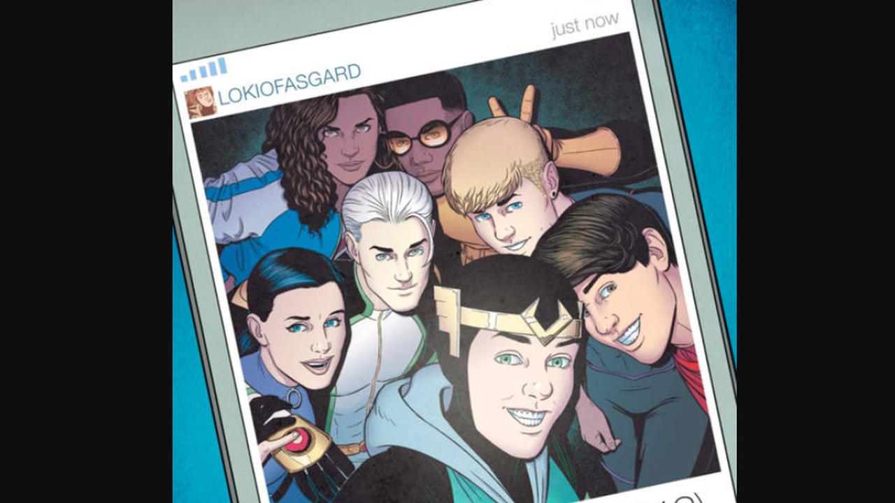 Foto Young Avengers. Hawkeye (Kate Bishop) sedang dirangkul oleh Speed (Tommy Shepherd).