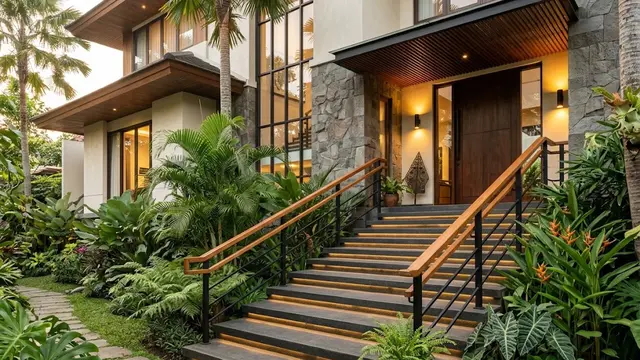 Tangga dengan Railing Ganda Ergonomis