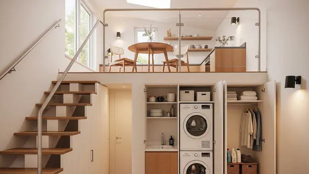 8 Inspirasi Rumah Kecil Mezzanine dengan Area Laundry Tersembunyi di Bawah Tangga