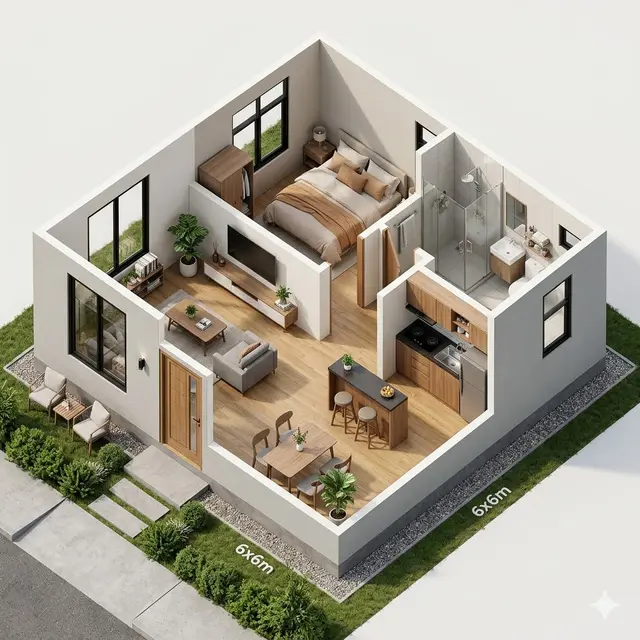 Denah Rumah 6x6 Modern Tanpa Banyak Dinding