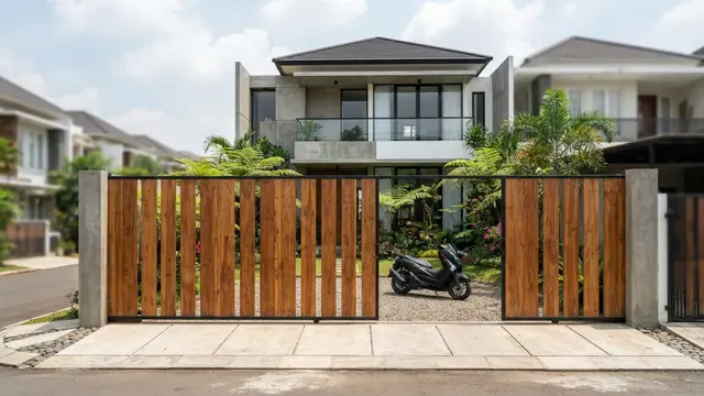 Model Pagar dengan Gerbang Kayu yang Terlihat Natural