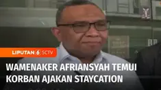 Wakil Menteri Tenaga Kerja, Afriansyah Noor menemui korban ajakan staycation untuk perpanjangan kontrak kerja di Cikarang, Kabupaten Bekasi, Jawa Barat. Wamenaker mendorong polisi untuk menyelesaikan kasus tersebut dengan memenuhi rasa keadilan bagi ...