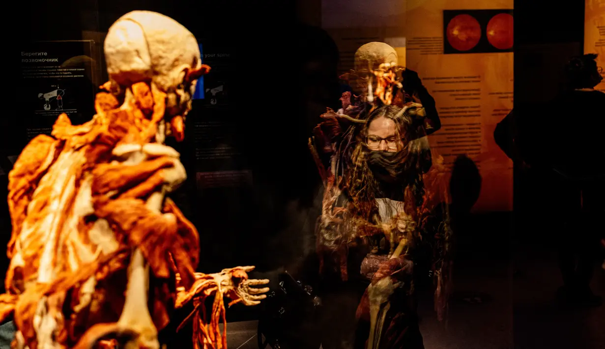 Pengunjung melihat salah satu karya seni yang dipajang dalam pameran anatomi tubuh manusia bertajuk 'Body Worlds' di Moskow, Rusia (24/3/2021). Pameran ini disebut bertujuan memberikan pendidikan untuk memahami bagaimana bentuk asli organ tubuh manusia. (AFP/Dimitar Dilkoff)