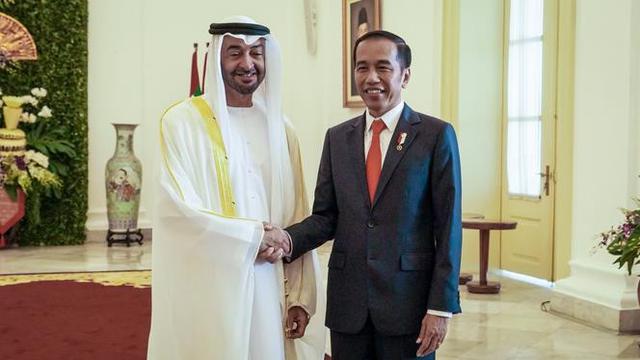 Presiden Jokowi menyambut Putra Mahkota Abu Dhabi/Wakil Panglima Tertinggi Angkatan Bersenjata Uni Emirat Arab (UEA) Sheikh Mohamed Bin Zayed Al Nahyan di Istana Bogor, Kamis (24/7/2019).