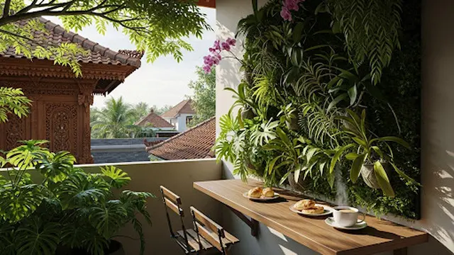 Teras dengan Meja Tempel dan Tanaman Vertikal