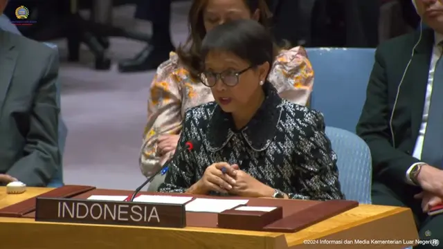 Menteri Luar Negeri Republik Indonesia Retno Marsudi saat memberikan pernyataan di Dewan Keamanan PBB mengenai situasi di Palestina pada Selasa (23/1/2024).